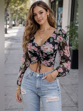 Her Bottari Black Floral Sheer Ruched Long-Sleeve Crop Top. Various sizes